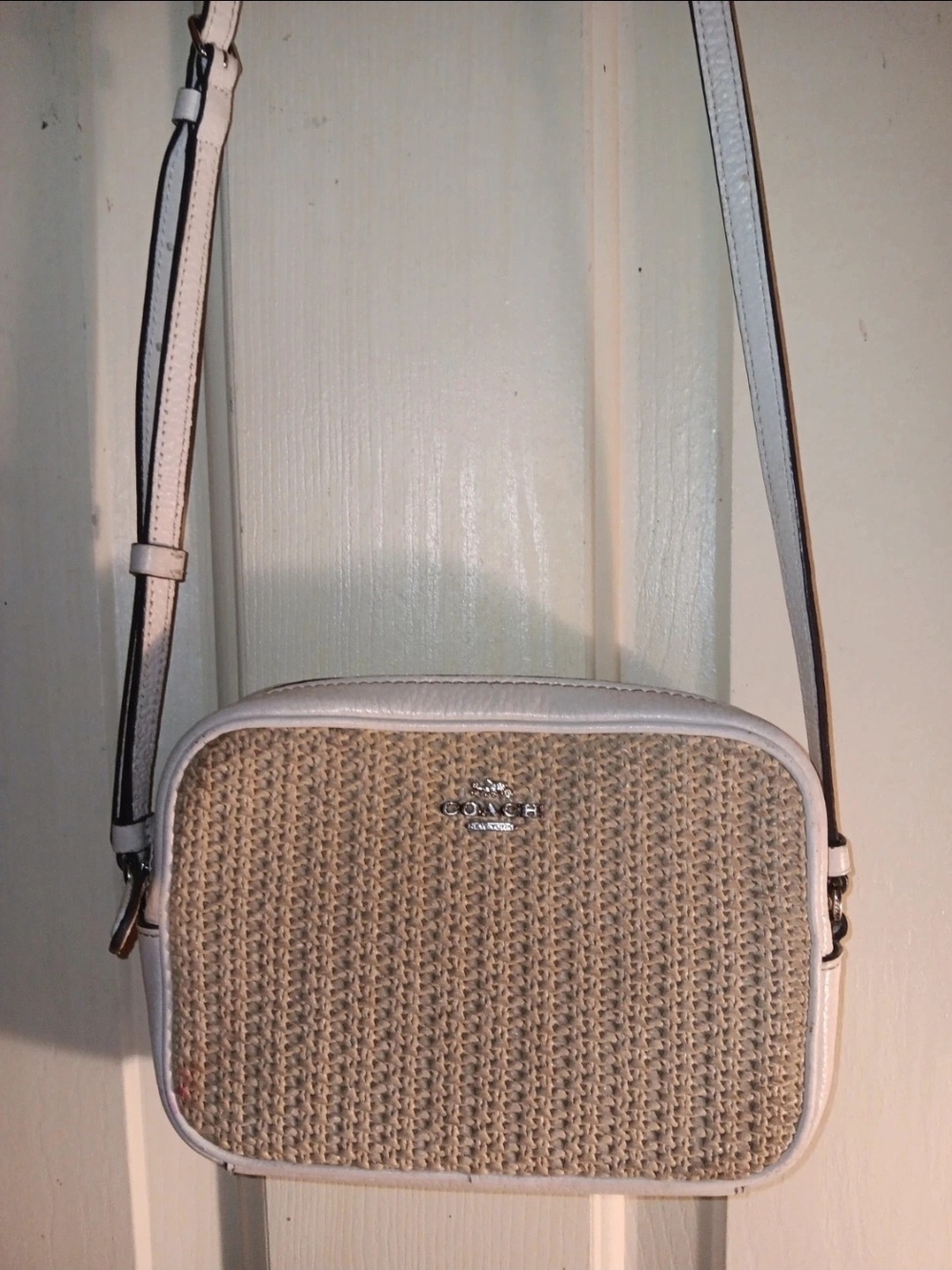 Coach White & Natural Straw Crossbody Bag